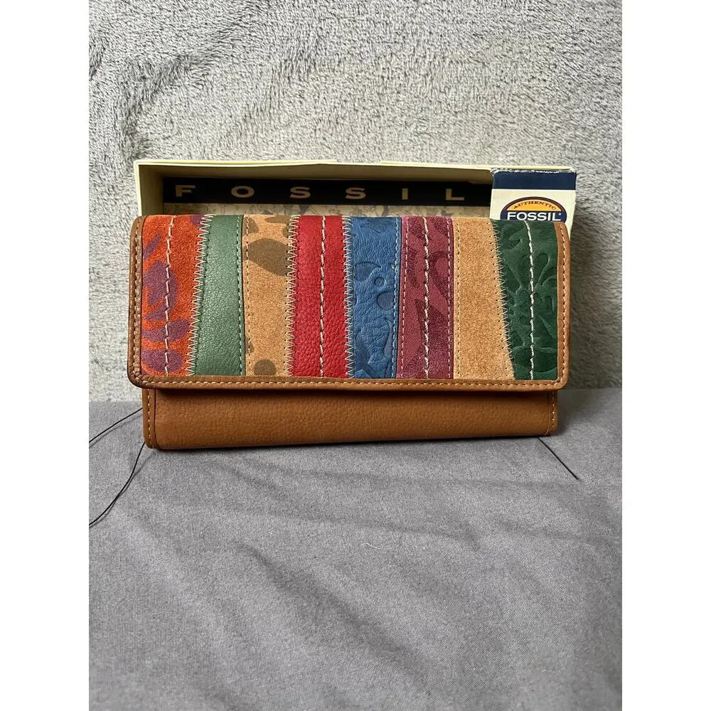 Vintage Fossil Patchwork Genuine Leather Trifold Wallet Floral Tooled Boho New